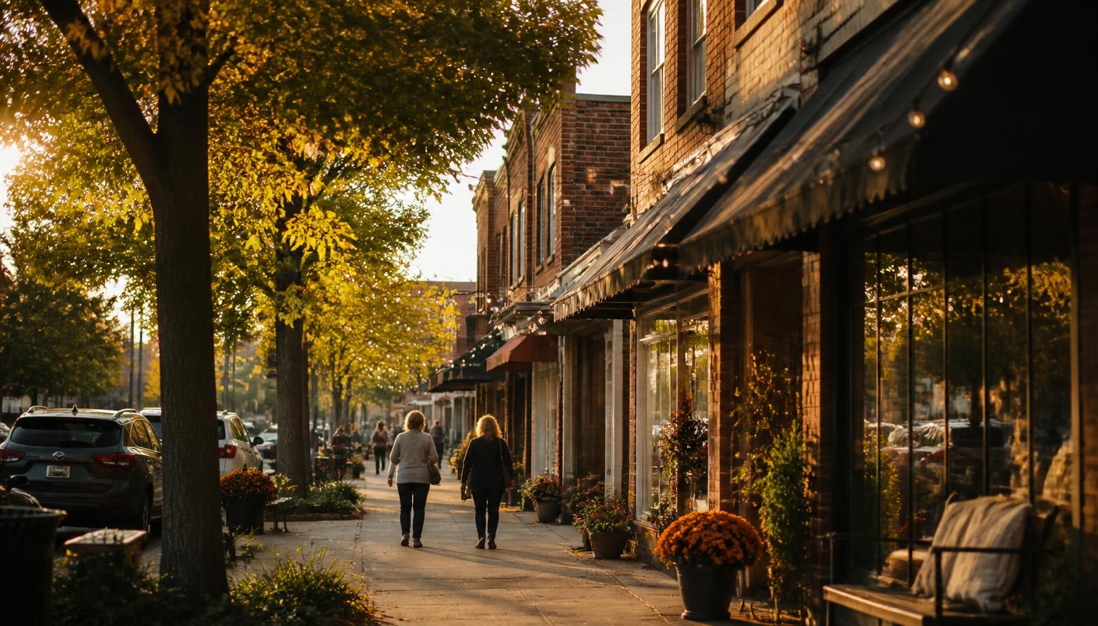 Michigan small-town main street at golden hour